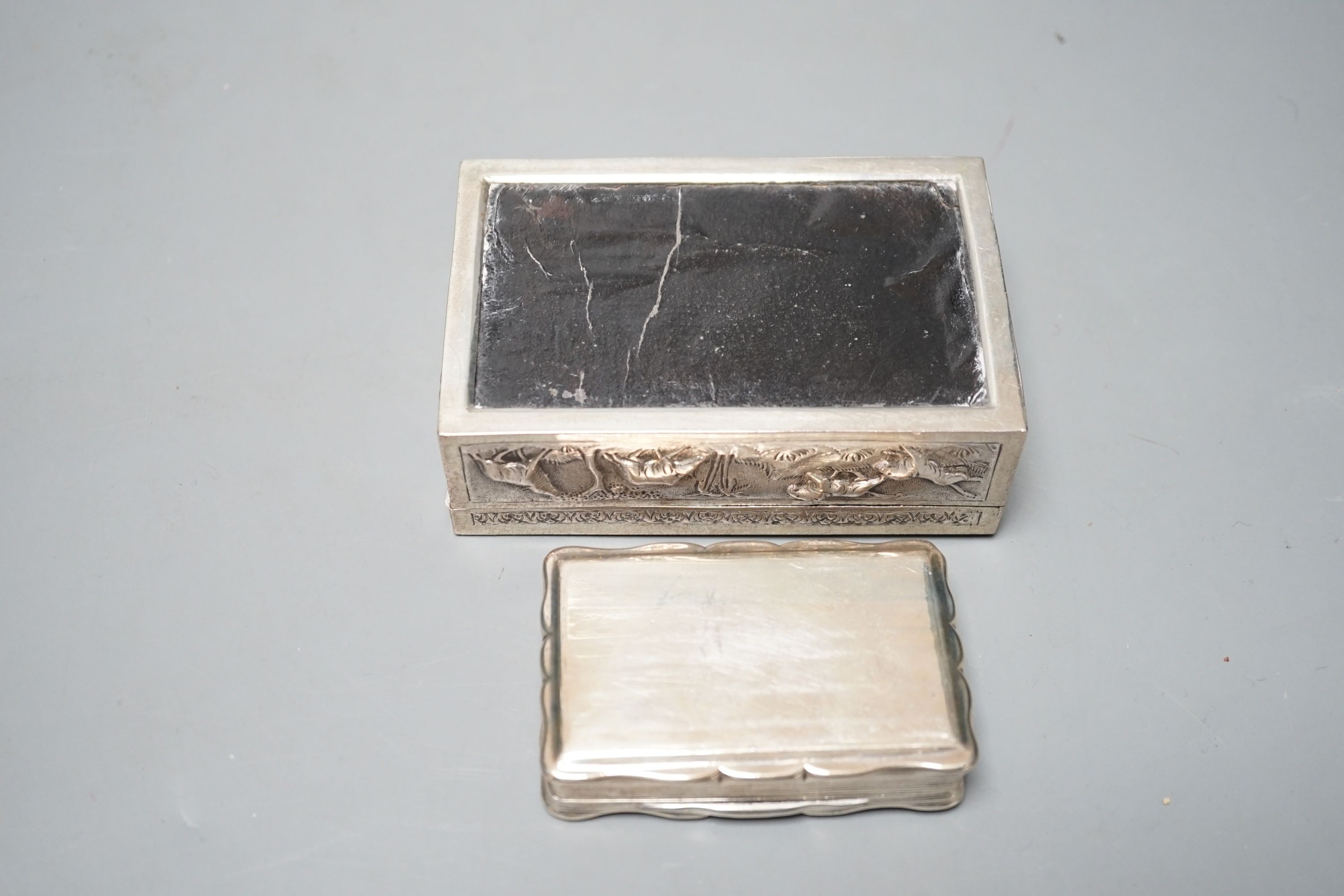 A Victorian silver snuff box, Nathaniel Mills, Birmingham, 1852, 81mm, together with a Indian white metal box.